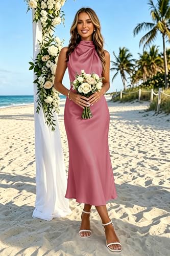 Image of Women's Satin Maxi Dress Summer Formal Wedding Guest Cocktail Dress | Mock Neck Sleeveless,Elegant Silk Midi Long Dress,High Neck,Halter,Aline,Bridesmaid,Bridal Shower Guest,Garden Party,Dinner