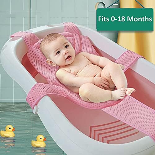 Image of Breathable Mesh Newborn Baby Bath Mat Floating Foam Baby Tub Pillow Adjustable Non-Slip Bath Seat Pad Bath Cushion for Bathtub for 0-18 Months (Style 2-Blue(mesh)) (Pink)