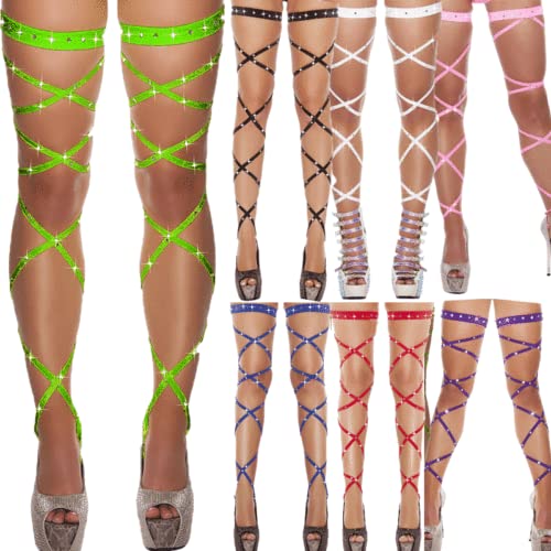 Women Criss Cross Glitter Thigh High Stockings Rhinestone Hollow Out Over Knee Strap Socks Club Tights2