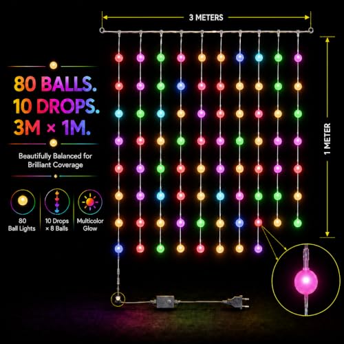 Image of Gesto Ball Curtain Fairy Lights for Decoration - 80 Led String Lights with 8 Modes Changer | Multicolor Decorative Lights for Home Decor, Room,Wall, Balcony, Christmas & Diwali Decoration- 10x3 Ft