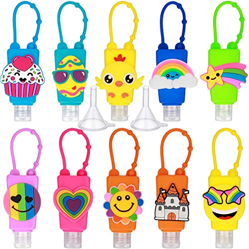 10 Pcs Travel Bottles 1 oz Kids Empty Silicone Containers Mini 30 ml Keychain Plastic Leak Proof Cartoon Hand Holders (10 Mixed Patterns)