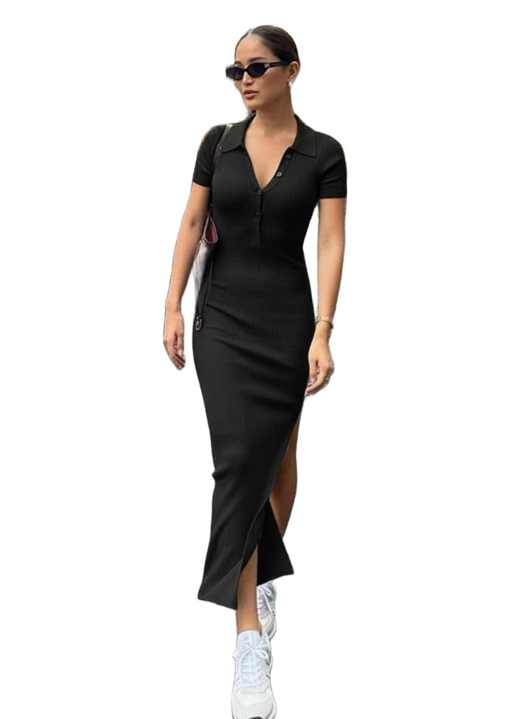 Women's Solid Ribbed Knitted Black Bodycon Maxi Dress | Polo Collar | Short Sleeves | Side Slit | Stretch Slim Fit Casual Western Dress-picture-13
