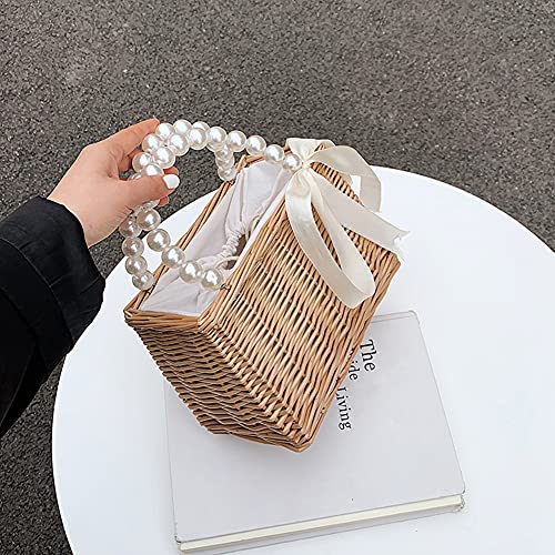 Pearl Handle Rattan Handbag, Straw Shoulder Bag Tote Bags, Mini Basket Handbag #TOP4