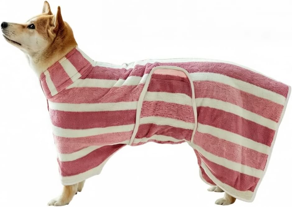 Quick Dry Dog Bathrobe - Super Absorbent Microfiber & Coral Fleece Pet Drying Towel, Wearable Bath Wrap with Adjustable Snap Closure for Dogs & Cats After Bathing Swimming (Pink Stripes, XS)