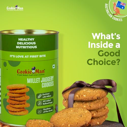 Image of CookieMan Millet Jaggery Cookies - 200g | Multigrain Biscuits with Atta, Ragi, Millets, Flax Seeds & Sesame Seeds | Healthy, Nutritious Snack, Guilt-Free Treat (Pack of 3)
