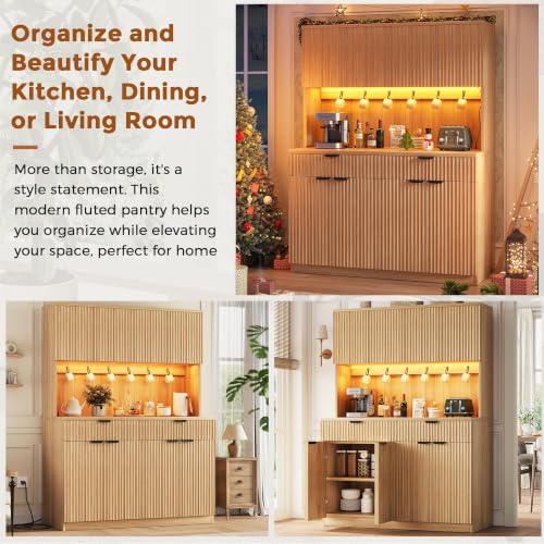 Image of Fluted Kitchen Pantry Storage Cabinet with Charging Station & LED Lights,71 inch Tall Kitchen Hutch with Microwave Stand, Adjustable Shelves,Storage Doors for Dining Room Living Room (Natural, 47*15.7*71)