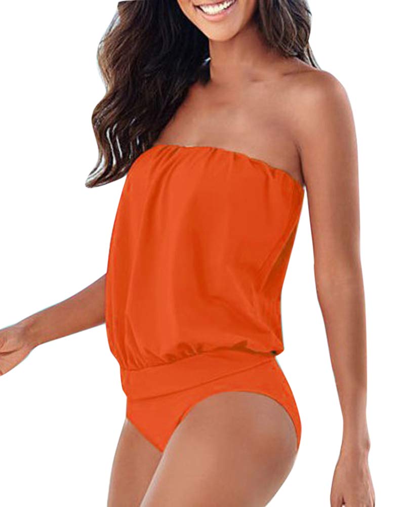 Women One Piece Swimsuit Bandeau Bikini Swimwear Strapless Swimming Costume Orange XL