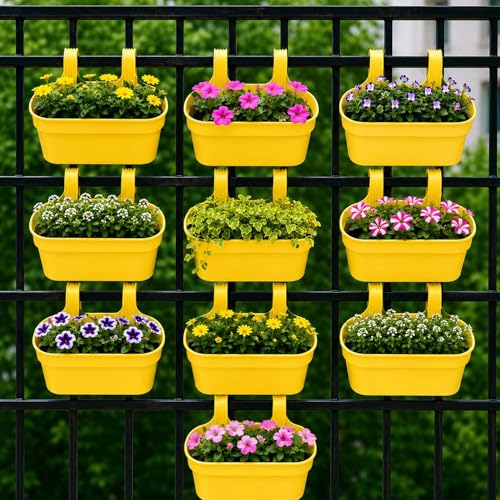 Image of Go Hooked 12 Inch Plastic Railing Hanging Planter Pot Set of 10 | Rectangular Flower Pots with Double Hook for Garden Fence Balcony Indoor Outdoor Home Decor | Durable Plant Container (Yellow)