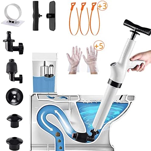 FTKINGDER 9 in 1 White Air Pressure Plunger Kits,Air Drain Blaster Gun Plunger High Pressure with 5 Heads,Dashboard Barometer,Sewer Toilet Kitchen Sink For Clogged Toilet Kitchen (ABS)