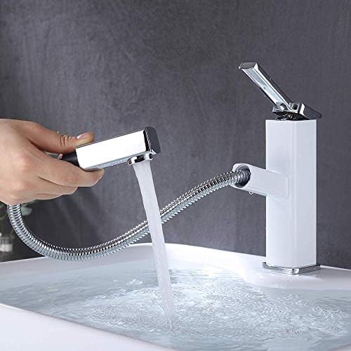 KAIYING Bathroom Sink Faucet with Pull Out Sprayer, Single Handle Basin Mixer Tap for Hot and Cold Water, Pull Down Vessel Sink Faucet with Rotating Spout (Regular, Chrome & White)