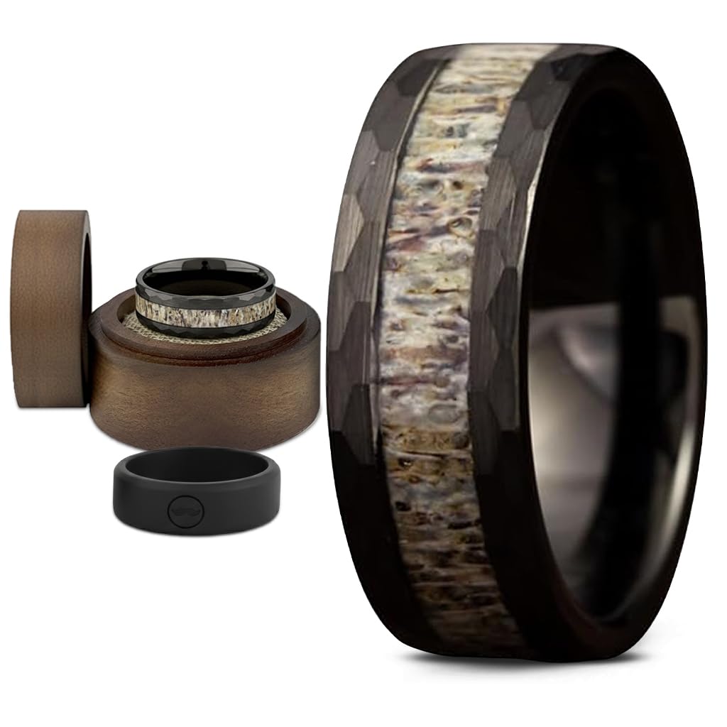 Gentlemen's Bands Black Wedding Band for Men | Hammered Tungsten Rings for Men With Deer Antler Inlay, 8mm