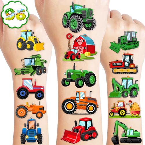 Image of 120 PCS Tractor Farm Farmhouse Pre-Cut Temporary Tattoos for Kids | Super Cute Theme Birthday Party Favors, Supplies, Decorations, Green Red Fake Tattoo Stickers (Multiple)