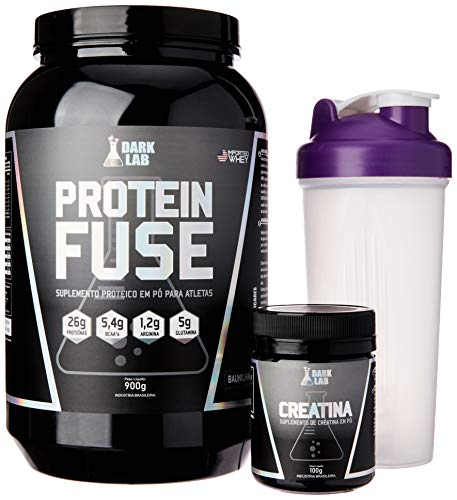 Kit Whey Protein Fuse 900g + Creatina 100g + Coqueteleira Roxa Dark Lab (Baunilha)