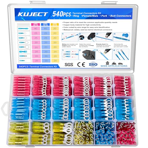 Image of Kuject 540PCS Heat Shrink Wire Connectors Kit, Electrical Waterproof Crimp Butt Terminals, Insulated Spade Connectors for Automotive Marine Boat Truck, Include Rings Forks Spade Butt Splices
