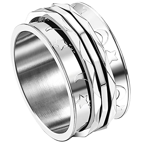 JewelryWe Schmuck Fidget Angst Ring Damen Retro Mond Sterne Edelstahl Drehbarer Anti Stress Band Bandring mit Gravur, Silber Größe 62