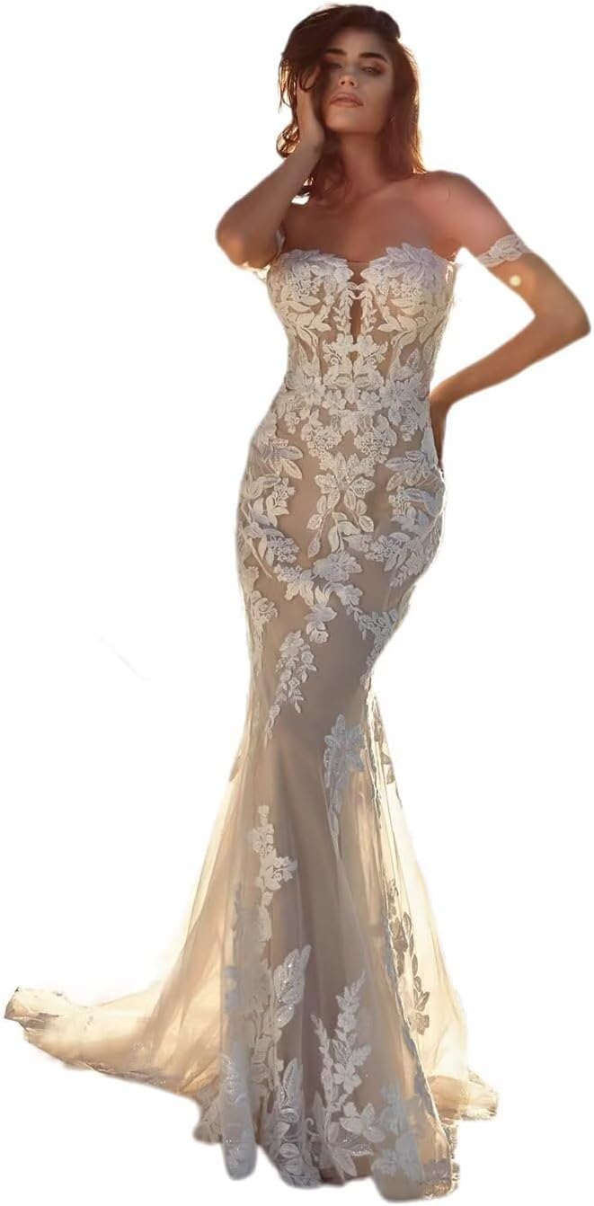 Wedding Dresses for Bride Beach Mermaid Long Sleeve Lace Tulle Boho Bridal Dress for Bride with Train