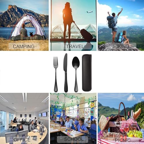 Image of Portable Utensils Set with Case - Reusable Stainless Steel Cutlery Set, Eco-Friendly 3-Piece Knife Fork Spoon Travel Set for Camping, Office, School, Picnic & Outdoor Use (Black)