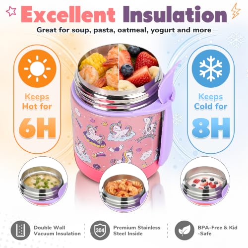 Image of 10oz Soup Thermo for Hot Food Kids,Lunch Thermo Kids Food Jar with Spoon Hot Insulated Food Containers,Leak Proof Stainless Steel Wide Mouth Lunch Thermo Jar for School(Pink-Unique Horse)