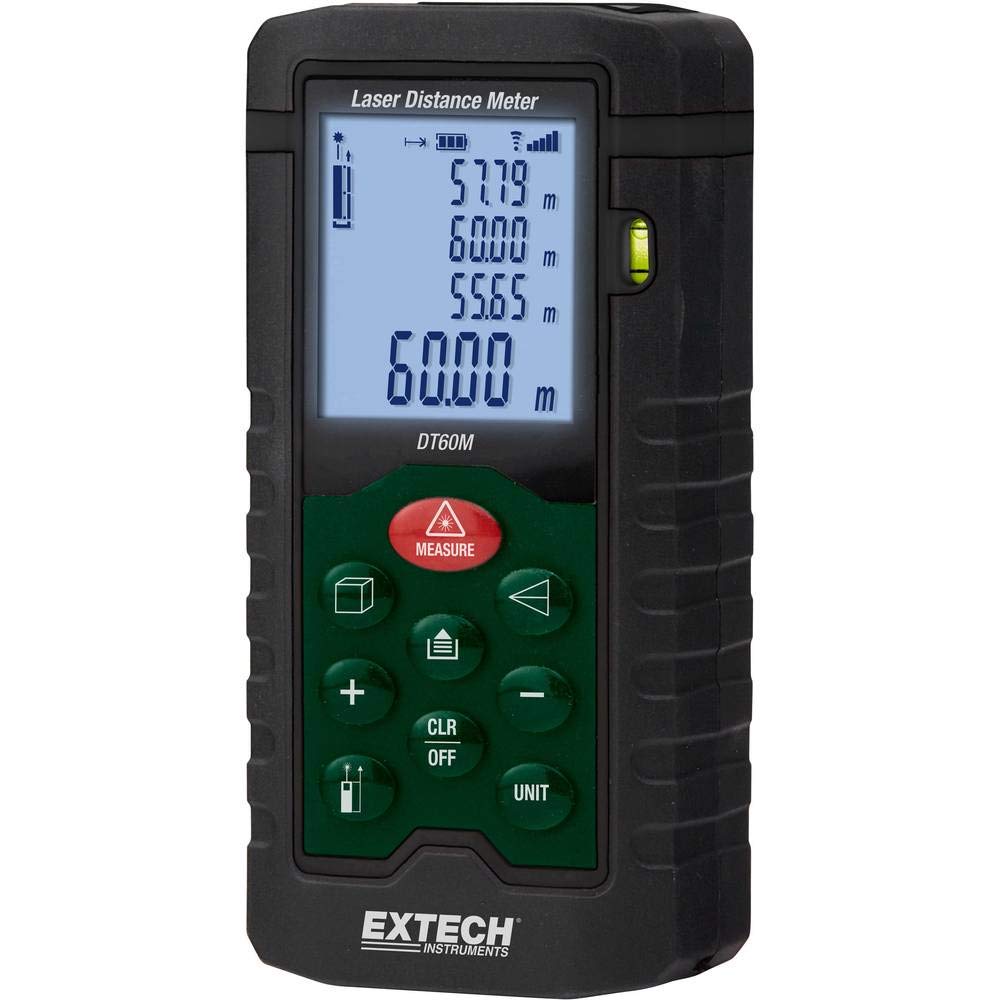Extech DT60M Laser-Distanzmesser, 196ft 60m, Fläche und Volumen | Reichweite 2Zoll-196ft, Fläche/Volumen/indirekte Höhe, Pythagoras, 20-Messwert-Speicher, LCD