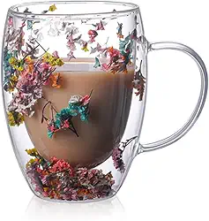 Xícaras de chá de vidro de flor de parede dupla, canecas de café de flores estéticas, xícara de chá isolada fofa com alça, resistente ao calor e sem chumbo, presentes para aniversário, dia das mães