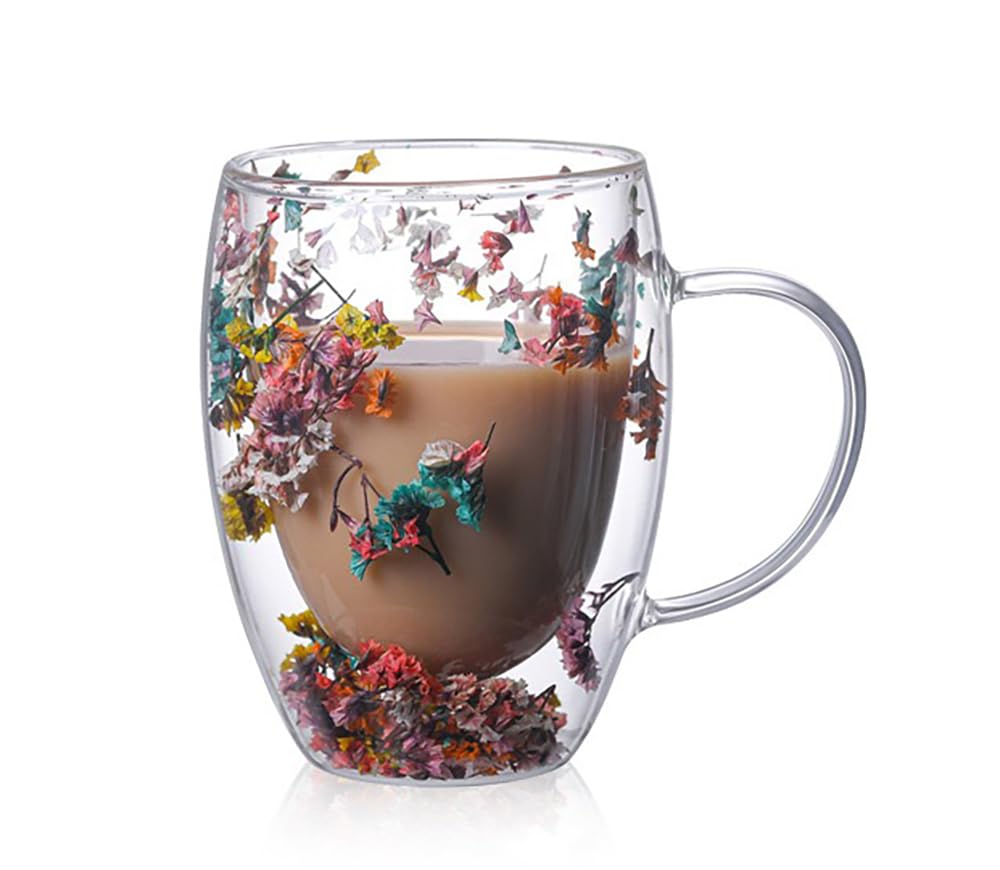 Dried Flower Double Wall Glass Cup, Aesthetic Flowers Coffee Mugs, Cute Insulated Tea Cups with Handle Heat Resistant for Women, Ideal Gifts for Birthday Mother's Day - Perfect for Wife Mom Friend (D) — image 1