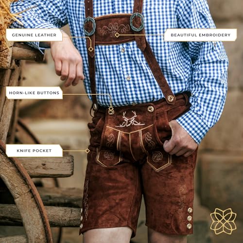 BAVARIA TRACHTEN Lederhosen Men - Genuine Leather Authentic German Lederhosen for Men, Oktoberfest Outfit - Short Dark Brown4