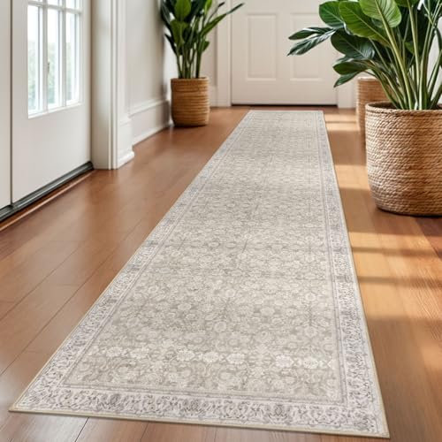 2x10 Cream Beige White Grey Washable Runner Rug for Kitchen, Soft Classic Runner with Non-Slip, Non-Shedding Distressed Floral Rug for Hallways Entryway Bedroom Laundry Indoor
