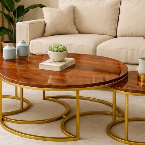Image of Round Coffee Table Set of 3, Marble Laminated Accent Center Table with Sturdy Metal Base Modern Foldable Nesting Stacking Tables for Living Room, Bedroom. (Modern, Golden-Brown.)