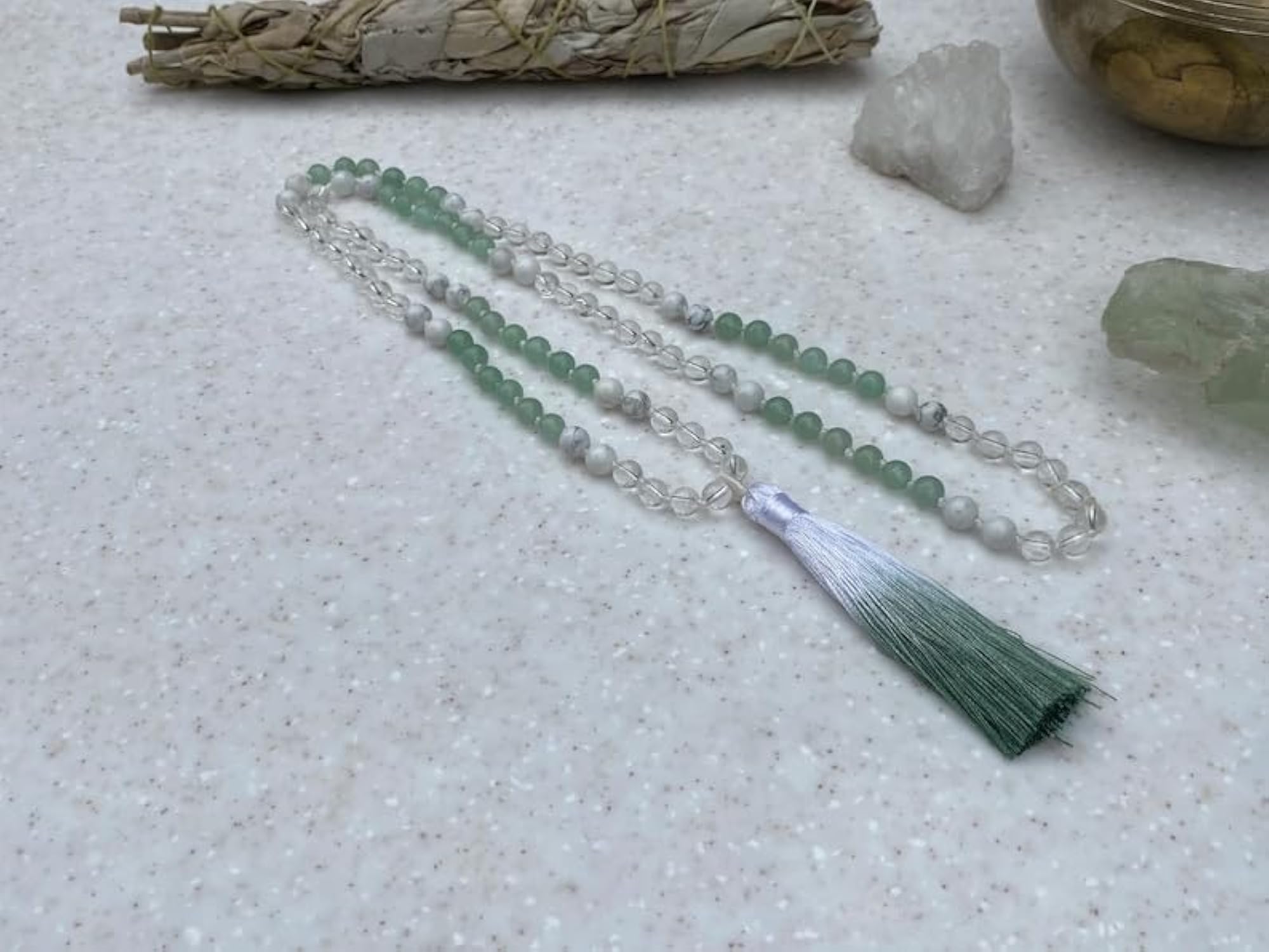 Natural Clear Quartz & Aventurine 6MM Beaded Handmade Prayer Mala Necklace