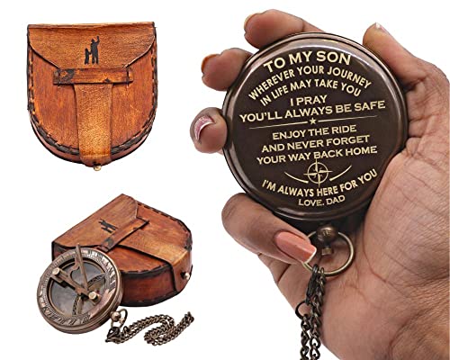 Engraved Sundial Compass with Leather Case – to My Son from Dad – Vintage Brass Compass Gift with Inspirational Quote – Graduation, Birthday, Travel Keepsake – Father to Son Gift