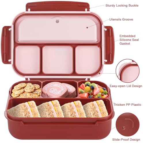Image of shell and turtle Bento Box Adult Lunch Box, Lunch Containers for Kids Girls Boys with 4 Compartments, Lunchable Food Container with Utensils, Sauce Jar, Muffin Liners, 40 Oz /5 Cup, Retro Red