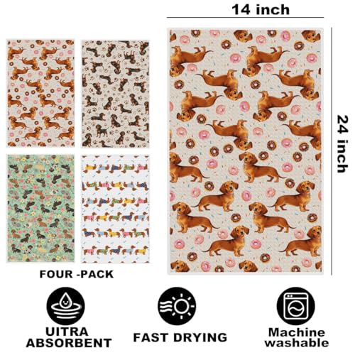 Image of 4 Pcs Cute Dachshund Kitchen Towels 24x14 Inch, Dachshund Gifts Reusable Dish Towels for Kitchen Bathroom Decor, Weiner Dog Floral Donuts Hand Cloth Tea Towel, Cute Dog Gifts for Women Mom Friend