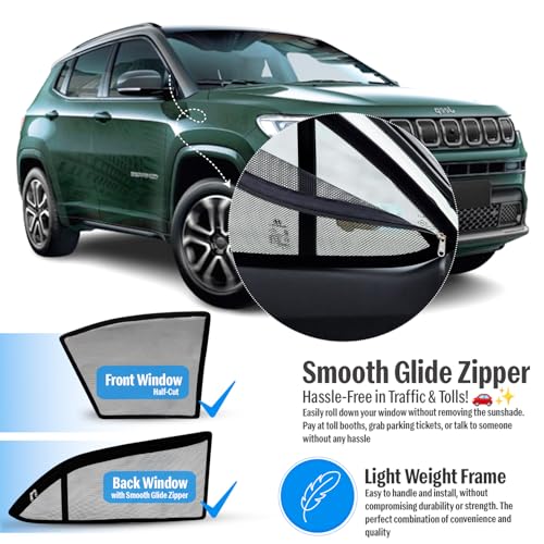 Image of Autofact Magnetic Car Sunshades Compatible with Jeep Compass (Set of 4) - Easy Installation, UV Protection, Keeps Car Cool (Front 2 Half-Cut for Side Mirror Visibility, Rear 2 with Zippers)