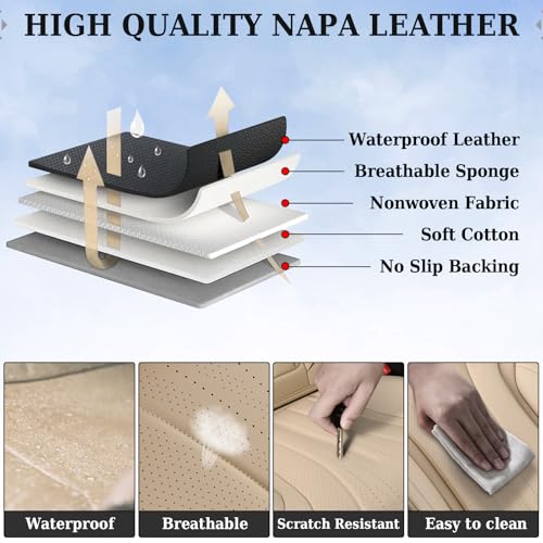 Image of Coverado Car Seat Covers, Front Seat Covers for Cars, 2 Pack Beige Leather Seat Covers, Universal Seat Covers Front Seat, Automotive Seat Covers Waterproof Car Seat Protector Fit for Most Vehicles