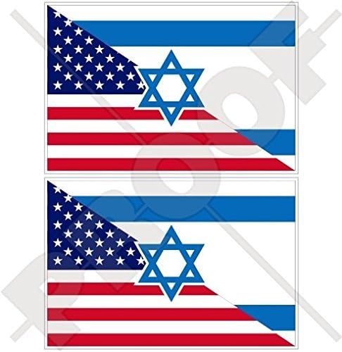 USA United States of America & ISRAEL American-Israeli Flag 4" (100mm) Vinyl Bumper Stickers Decals x2