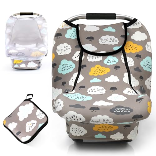 Image of ACRABROS Car Seat Covers for Babies,All Season Infant Carseat Cover Canopy for Boys and Girls,Stretchy Adjustable Peeping Window with Mesh Cover,Warm Breathable Universal Fit,Clouds Sheep
