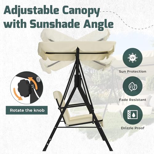 Image of AECOJOY Porch Swing with Stand, 3-Seat Outdoor Clearance Porch Swings for Adults, Outdoor Patio Swing with Adjustable Canopy & Removable Cushion for Backyard, Garden, Balcony, Beige