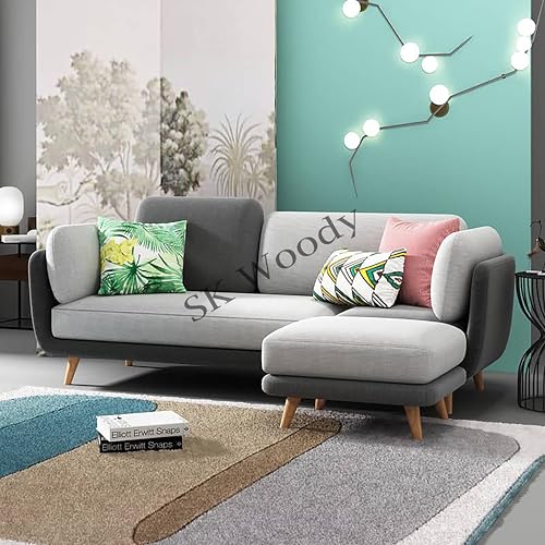 Image of Black Wood Modern Luxury Velvet Fabric 3 Seater Sofa with Ottoman Pouffe in Bug Resistant Solid Wood for Bedroom, Living Room, Dining Room (Dark Grey & Beige, 3 Seater, Sofa with Pouffe)