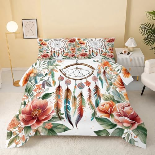 Edredon Cama 90 Blanco Reversible Edredones 4 Estaciones de Microfibra, Ligero y Suave Relleno Nordico Cama 90 Edredón 150x220 cm y 2 Fundas de Almohadas 50x75 cm, Flores, Plumas, Atrapasueños