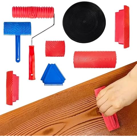 Yetaha 8 Pcs Wood Grain Painting Tool Set, Wood Grain Roller Tools with Handle, Simulated Rubber Wood Grain Tool for Floors, Decks, Furniture, Wall Room Art Paint Decoration Cover