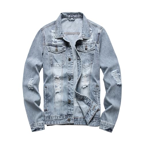 Image of RANMCC Men's Elastic Ripped Denim Jacket, Vintage Washed Frayed Trucker Coat, Lightweight Casual All Season Street Outerwear