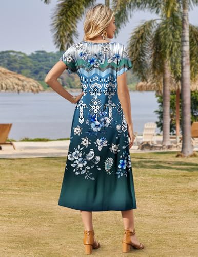 Image of Zeagoo Women Summer Floral Dress Short Sleeve Beach Dress with Pockets Casual V-Neck Split Long T-Shirt Dress Travel Vacation