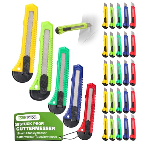 ToolSpace 30 Stück Cuttermesser Set 18 mm 30x Teppichmesser Scharfe Klinge Robustes Profi Cutter Messer Stanleymesser Kattermesser Tapeziermesser Besser als Einweg Stanley Messer mit Abbrechklinge