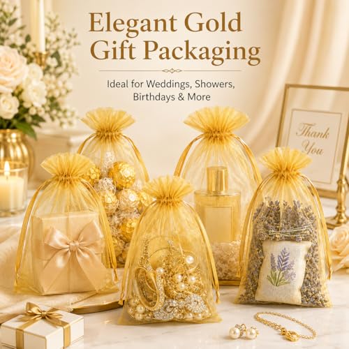 Image of Hopttreely Gold Organza Gift Bags 6x9 Inch, 50PC High-Density Drawstring Mesh Favor Packaging for Jewelry Candy Sachet Goodie, Mini Mesh Favor Bags for Graduation Wedding Baby Shower Birthday Party Gifts