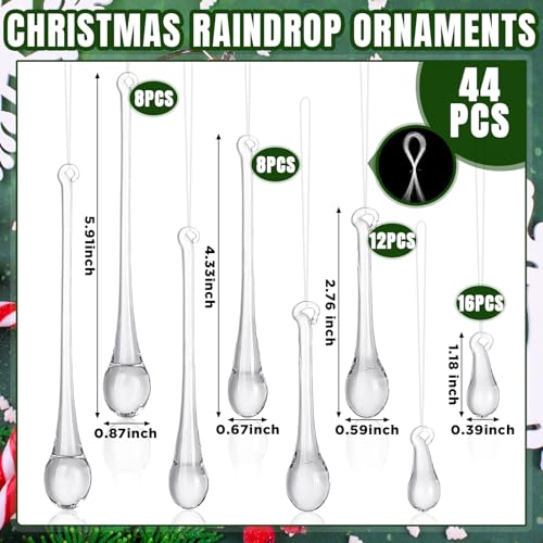 Image of 44 Pcs Clear Glass Teardrop Christmas Ornaments Crystal Raindrop Hanging Ornaments Crystal Chandelier Drop Pendant Icicles Decorations for Christmas in July Tree Party Supplies (4 Medium Size)