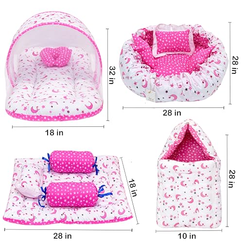 Image of Infantbond Designer Mattress with Net | Baby Sleeping Bag | 4 Pcs Bedding | 1 Nest (0-6 Months) (Moon Pink)