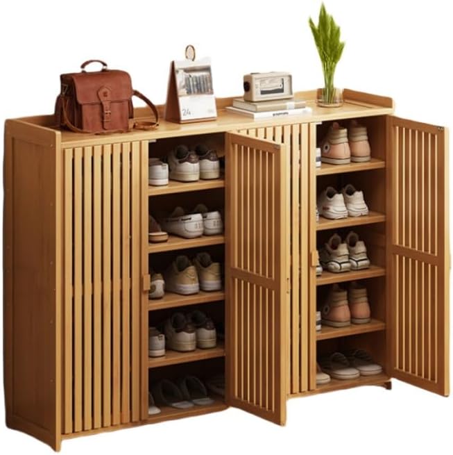 VesVas シューズボックス 竹製 下駄箱 扉付き 通気孔 防カビ 抗菌 防湿 玄関 廊下 寝室 収納 スリム 薄型 省スペース 