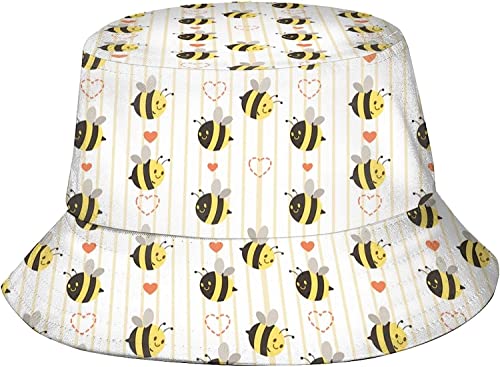 Unisex Biene Fischerhut, Sommer Strand Sonnenhut Fischerhüte für Frauen Männer Teenager, verstaubare Outdoor-Kappe, Niedliche gelb-weiß gestreifte Biene mit Herz, One size