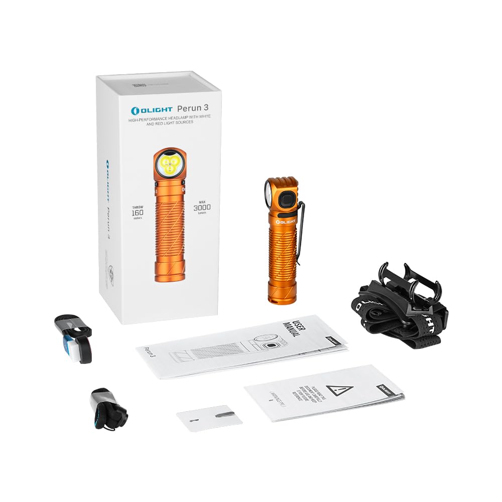 OLIGHT Perun 3 Lampe Frontale Ultra Puissante Rechargeable USB EDC 3000 LM Portée Max. 160 Mètres Torche Clignotant 7 Modes Étanche IP68 Headlamp LED Feu Rouge Pour Camping Orange