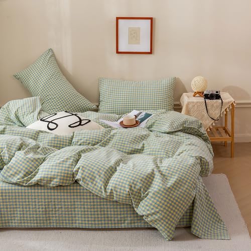 Image of EAVD Mini Blue Yellow Plaid Duvet Cover Queen Soft Cotton Reversible Grid Plaid Bedding Set with 2 Pillowcases Modern Style Geometric Grid Plaid Pattern Duvet Cover with Zipper Closure